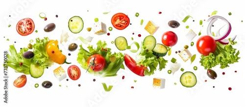 A close up of a salad with tomatoes, cucumbers, onions, olives, and lettuce