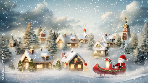 Santa rides his sleigh through a quaint village adorned with festive lights under a gentle snowfall