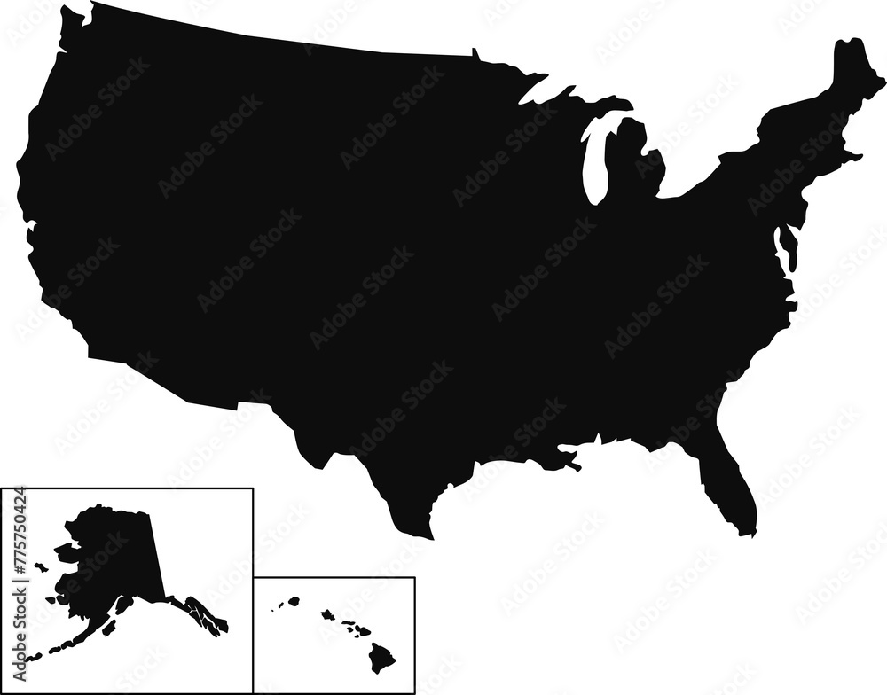 United States of America black silhouette isolated map Stock ...