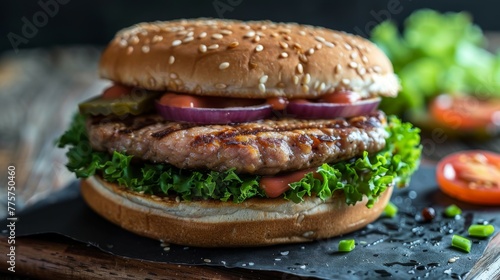 Delicious burger with lettuce, tomato, onion and sesame bun on a wooden table