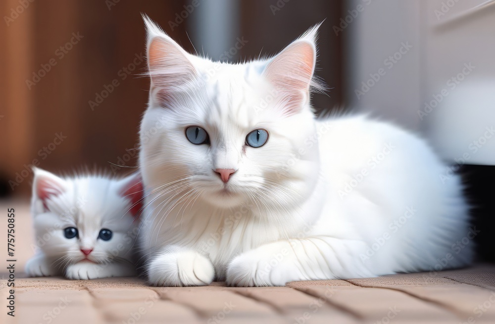 White cat with kittens sitting on the floor, close-up