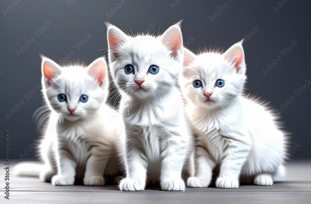 three white kittens sitting on the floor, close-up