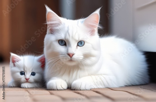 White cat with kittens sitting on the floor, close-up © Alsu