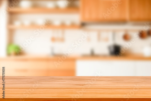 Wooden board empty table background. kitchen blurred background