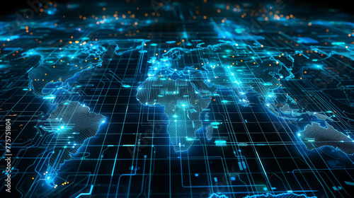 A digital world map on a cyber network background, depicting the interconnectedness of global cyber warfare