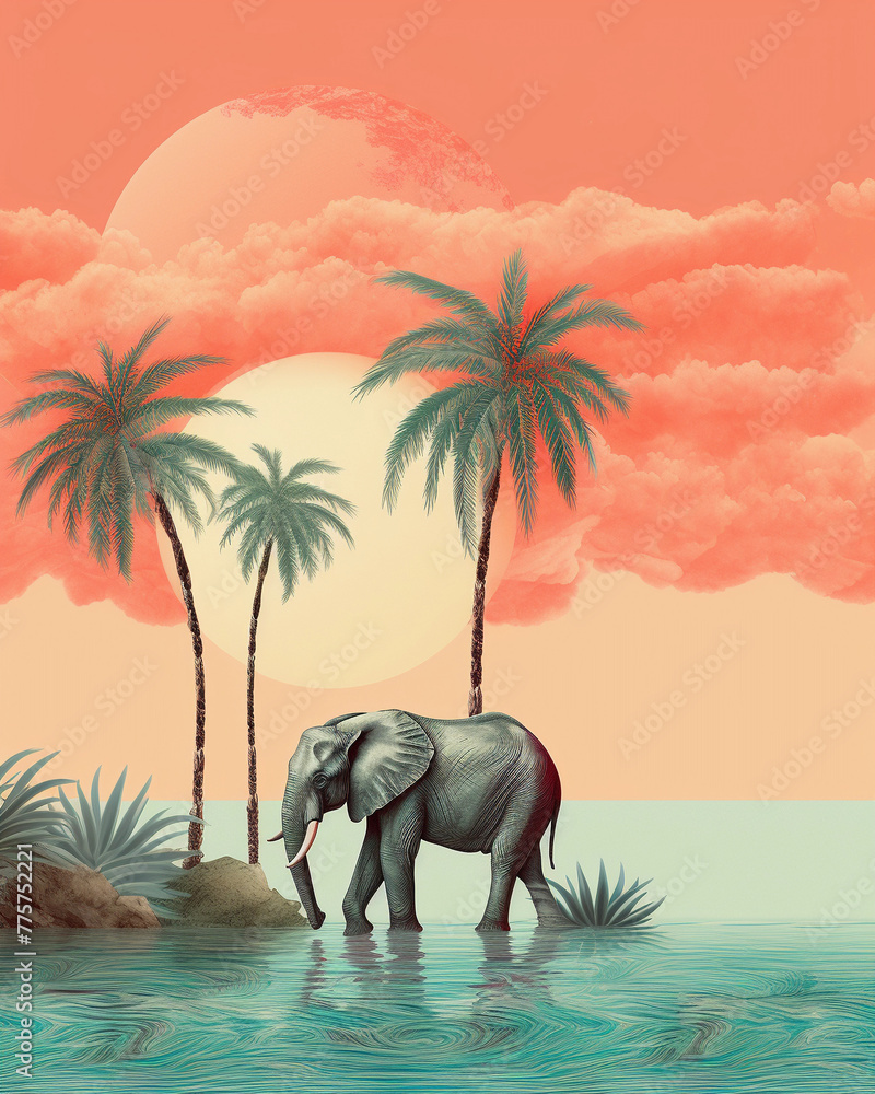 Fototapeta premium Elephant - Tropical Wildlife Illustration: Vibrant Island Scenes with Palm Trees and Exotic Animal - Vintage Wallpaper - Nature-inspired Art - Tropical Decor - Wildlife Artwork