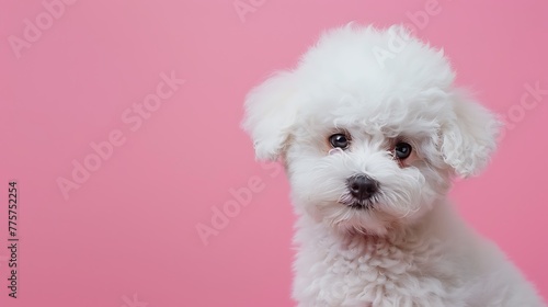 adorable small bichon puppy curiously looking around against pink background