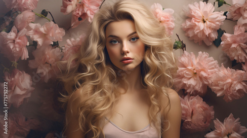Beautiful young blonde woman, posing in a studio with flowers © Dennis