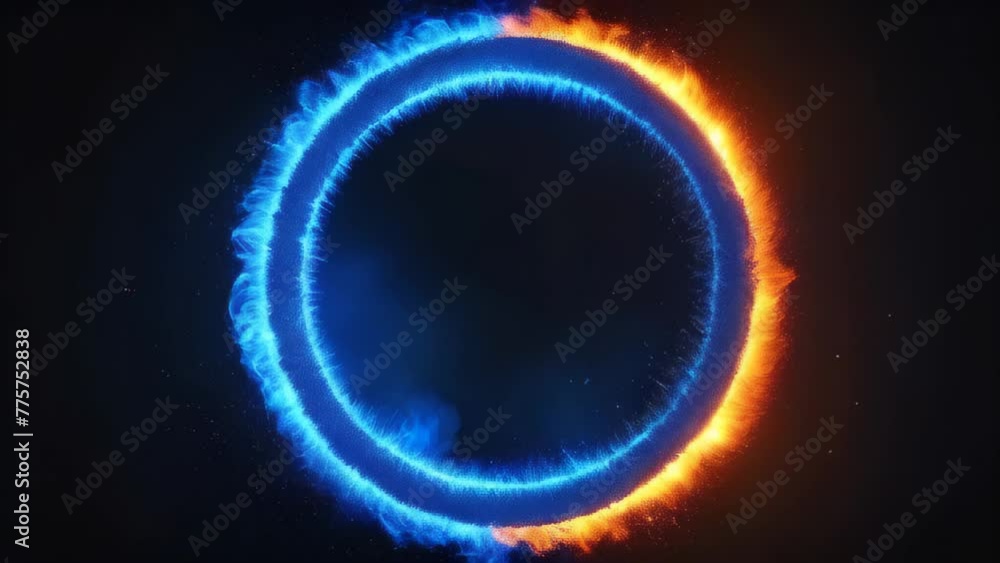 fire and ice ring magic animation. plasma ring. ying yang. Abstract ring of plasma ice blue red fire particle circle. Symbolical Fantasy Background Of Fire And Ice As Two Circles Emits Power fire and ice ring magic animation. plasma ring. ying yang. Abstract ring of plasma ice blue red fire particle circle. Symbolical Fantasy Background Of Fire And Ice As Two Circles Emits Power