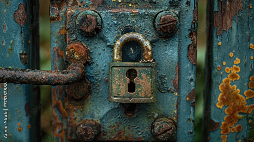 The lock hangs on the rusty gate The lock hangs on the rusty gate