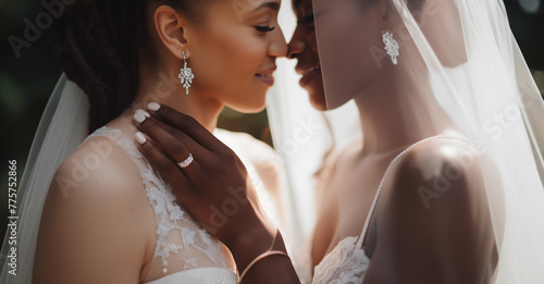 Intimate moment between diverse brides, tender touch against soft focus nature backdrop, symbolizing love and LGBTQ+ weddings.
