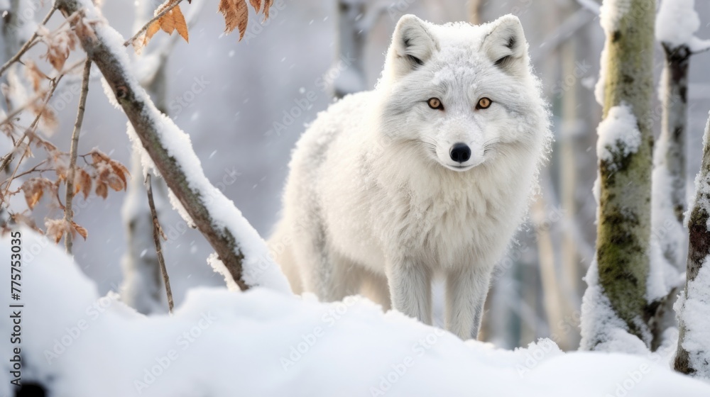 Obraz premium Beautiful arctic fox in her natural environment looking at camera