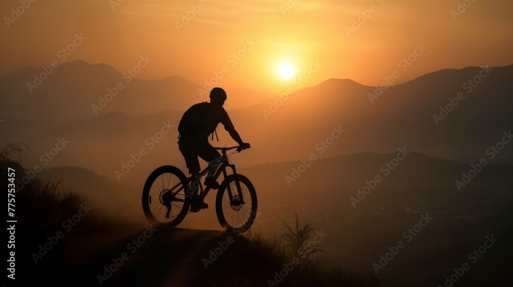 Fototapeta premium A man is riding a bike down a mountain with the sun setting in the background