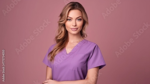 A young, cheerful nurse wearing a purple medical gown, standing in front of a purple background.