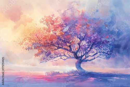 Pastel bright watercolor of a whimsical tree, serene and softly luminous, tranquil beauty © Thanadol