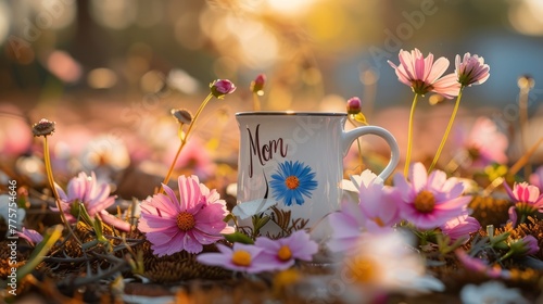 coffee mug with mom printed, sign on the wooden table, tea, morning routine, spring, flowers, best mom