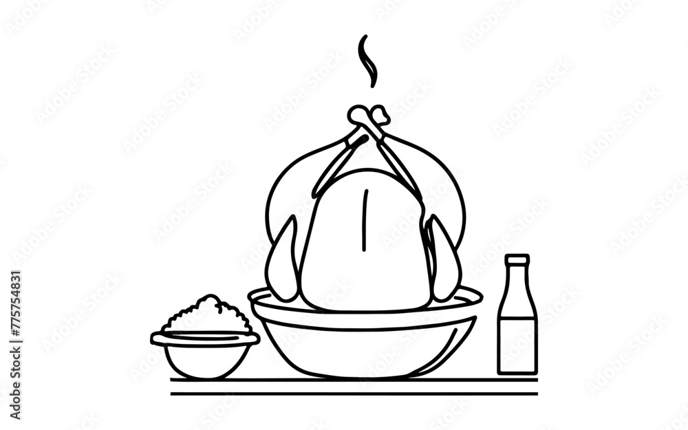 Continuous one line drawing chicken a plate outline doodle linear vector thanksgiving concept on white background Continuous one line drawing chicken a plate outline doodle linear vector thanksgiving concept on white background