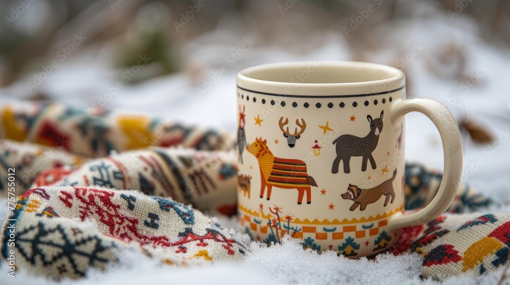 animal print coffee mug on the bench in the flower garden, tea, spring, morning routine animal print coffee mug on the bench in the flower garden, tea, spring, morning routine