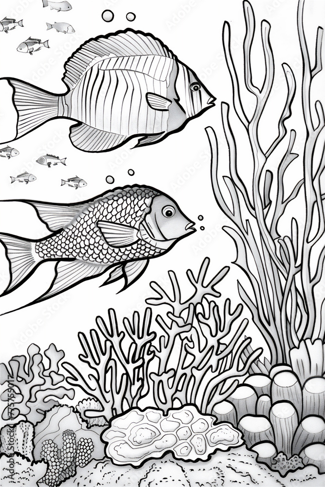 Φωτογραφία Coloring Pages of under water of the sea ecosystem with various fishes and reefs