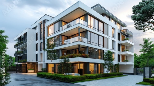 a rectangular residential building, featuring multiple floors and balconies, boasting white walls, dark-framed windows, and a grand entrance exuding sophistication. © lililia