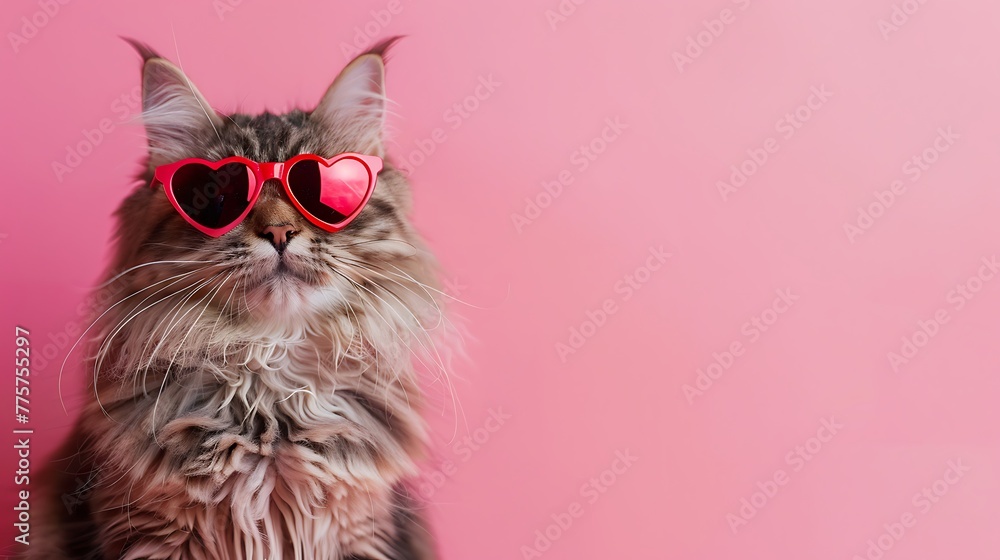 Cute funny cat in red heart shaped sunglasses sits on a pink background