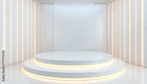 3D render white podium with white neon lights