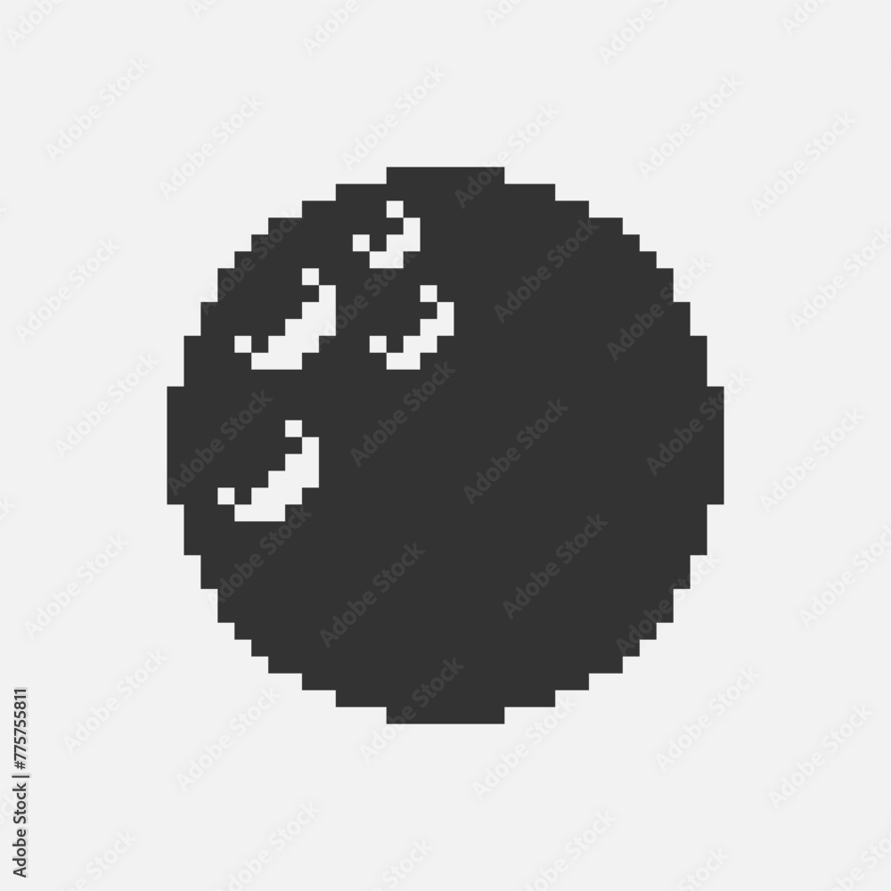 black and white simple flat 1bit vector pixel art icon of the round moon in the craters