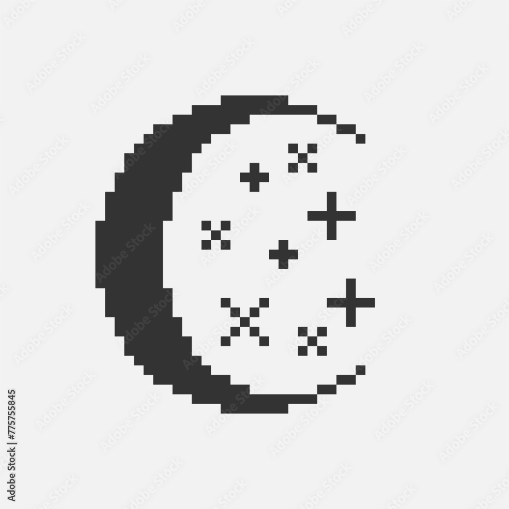 black and white simple flat 1bit vector pixel art icon of crescent moon and magic stars black and white simple flat 1bit vector pixel art icon of crescent moon and magic stars