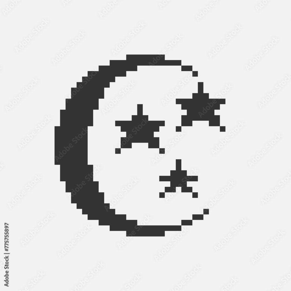 black and white simple flat 1bit vector pixel art icon of crescent moon and stars black and white simple flat 1bit vector pixel art icon of crescent moon and stars