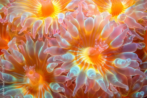 beautiful coral color underwater anemone pattern, sun reflections, very beautiful, top view