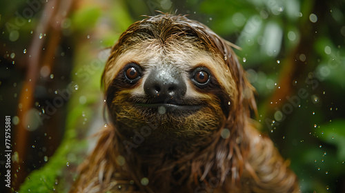 A curious sloth, with moss-covered branches as the background, during a gentle rain