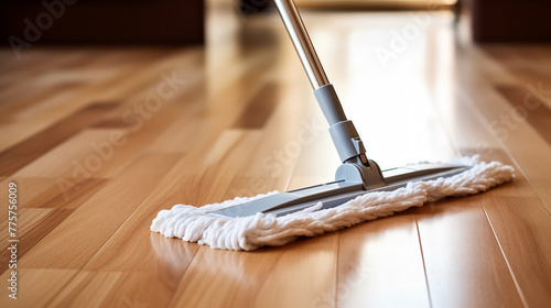 Sunlit Room Cleaning with Modern Mop on Wooden Floor