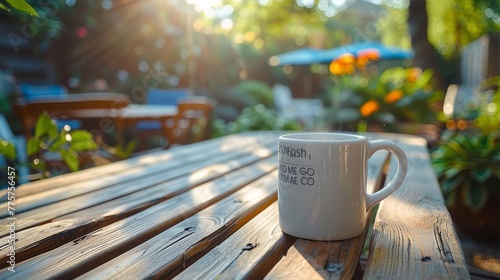 white coffee mug on the bench in the flower garden, tea, spring, morning routine photo