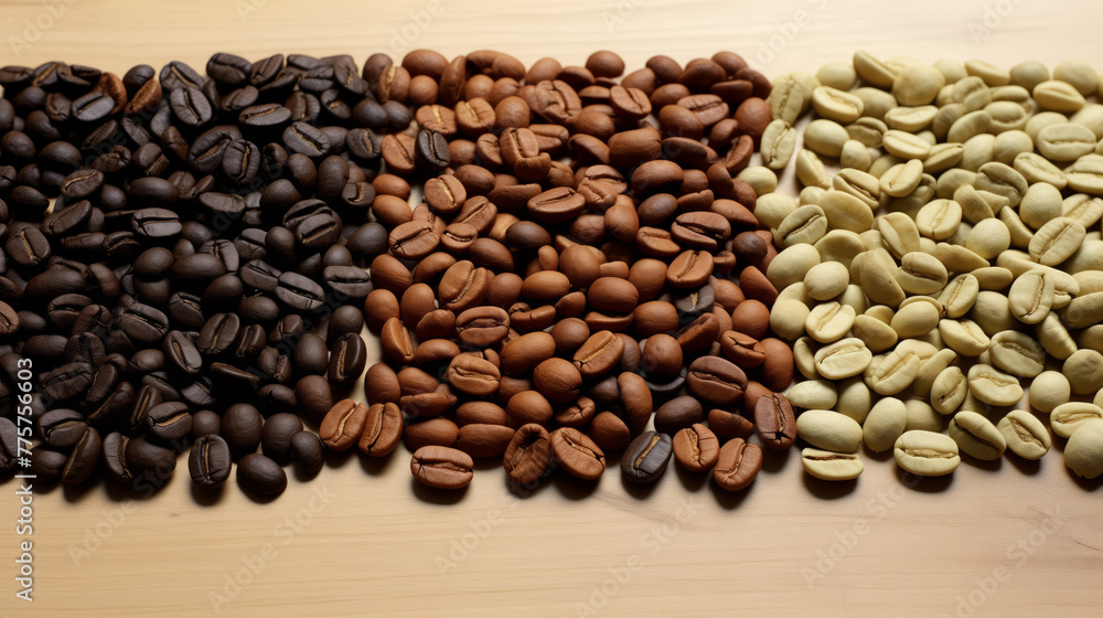 Fototapeta premium Colorful array showcasing the various roasting stages of coffee beans from green to dark roast.