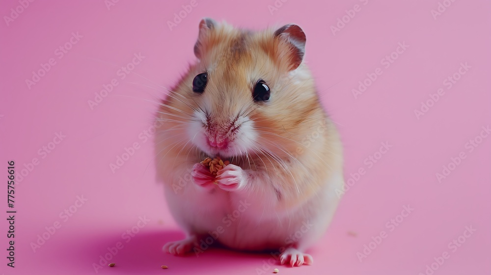 Dwarf fluffy hamster eats grain on a pink background Dwarf fluffy hamster eats grain on a pink background