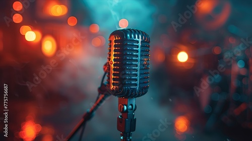 Studio microphone with vibrant bokeh lights in background photo