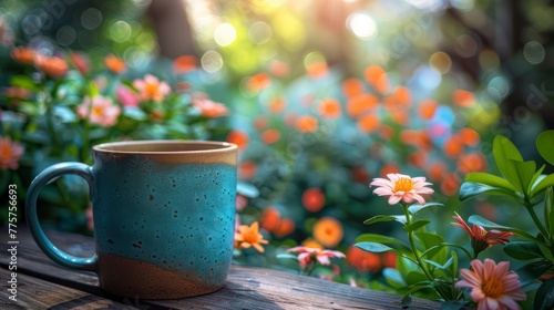 blue coffee mug on the bench in the flower garden, tea, spring, morning routine