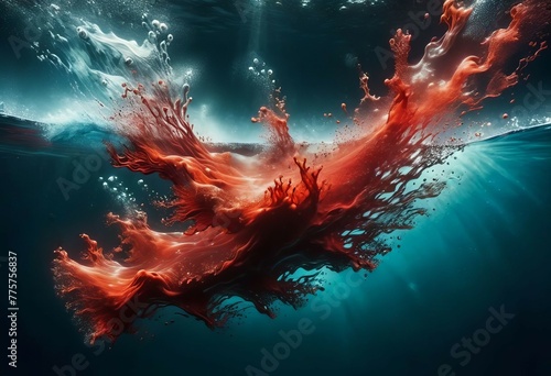 Blood red cloud of ink in the sea. Stunning abstract background. Drops of red ink in water. photo