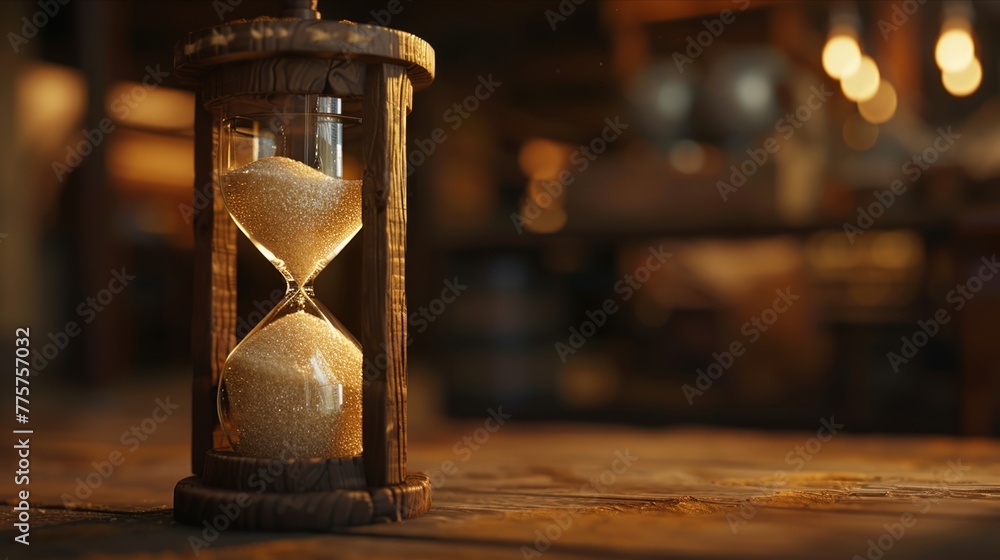 Elegant hourglass with golden sand in a library setting - obrazy, fototapety, plakaty 