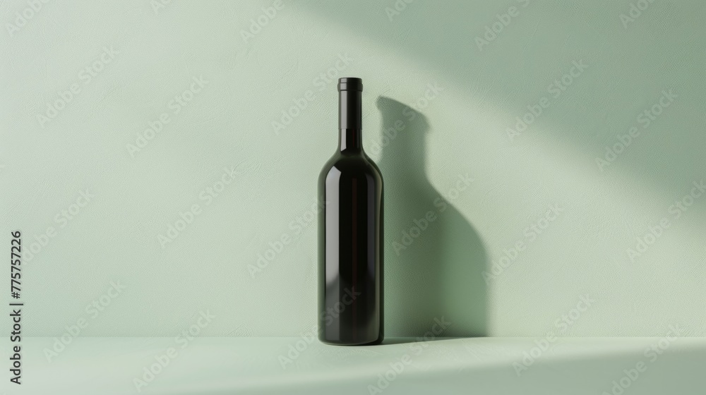 A black bottle stands on a white shelf in a minimalist setting A black bottle stands on a white shelf in a minimalist setting
