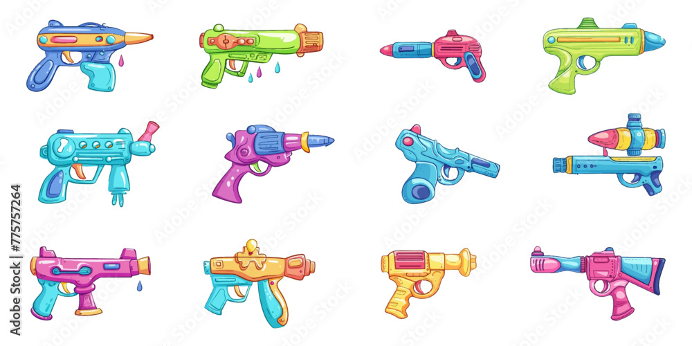 Set of cute water guns on white background.