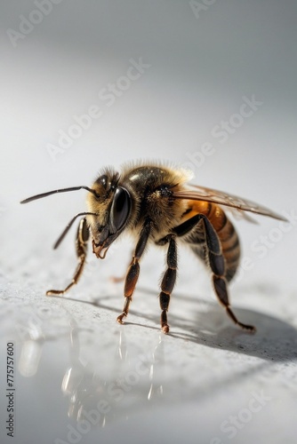 A bee is standing on a white surface