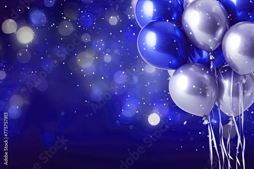 Celebratory Backdrop Featuring Blue and Silver Balloons with Bokeh Effect. Ample Space for Text Placement