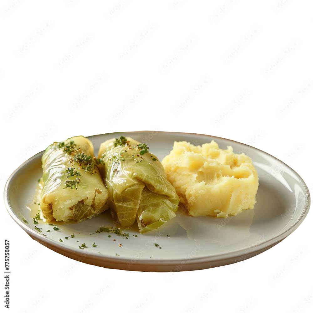 Plate of food with cabbage rolls and mashed potatoes Plate of food with cabbage rolls and mashed potatoes