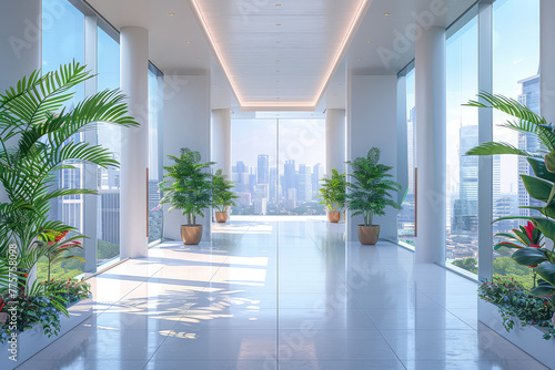A large white room with plants and bright light  overlooking the city from an office building interior. Created with Ai