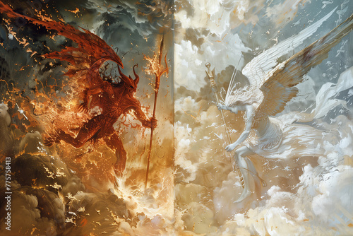 a red demon vs a white angel fighting between of hell and heaven