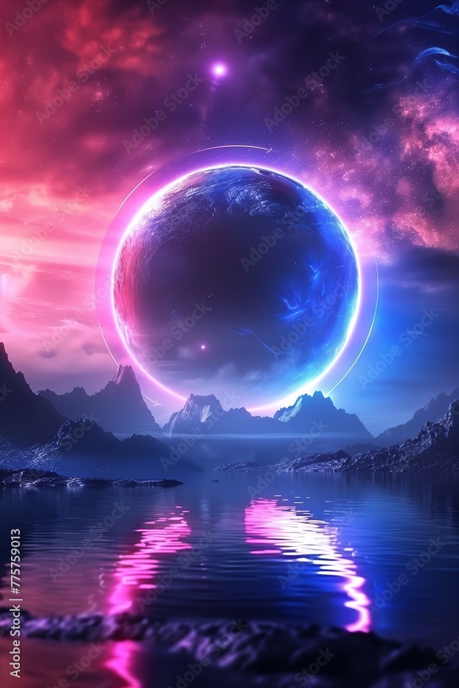 Sci-Fi Fantasy Landscape: Neon-Lit Planet Sci-Fi Fantasy Landscape: Neon-Lit Planet