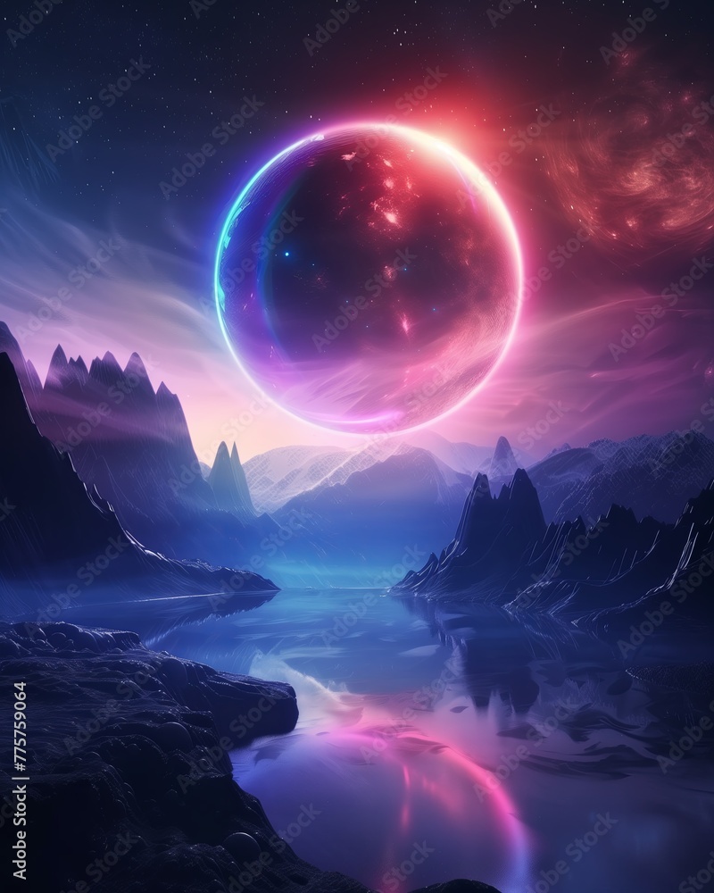 Sci-Fi Fantasy Landscape: Neon-Lit Planet Sci-Fi Fantasy Landscape: Neon-Lit Planet
