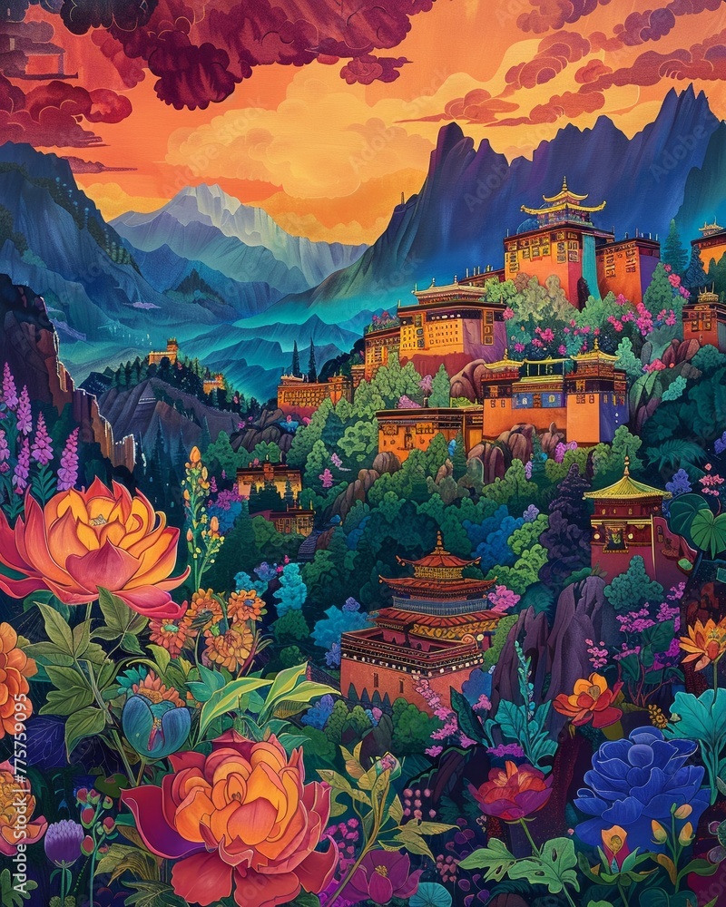 A colorful, vibrant painting of the majestic K exhibition in the style of Sarah scarfs illustration style with surrealistic elements, featuring traditional Tibetan architecture and monasteries nestled - obrazy, fototapety, plakaty 