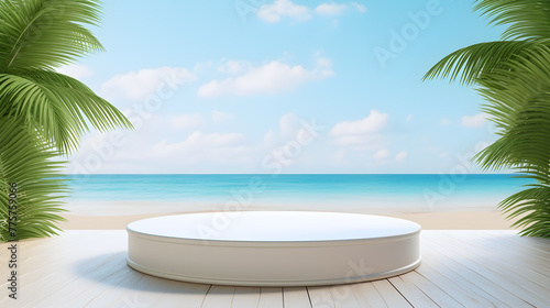 Tropical summer scene with white podium for product presentation, palm leaves and sea background.